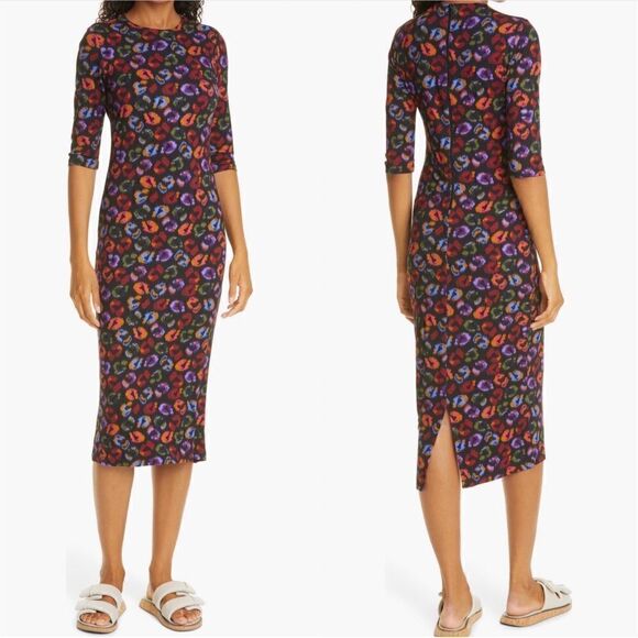 FARM Rio Leopard Print Jersey Sheath Dress in Black Ikat-Dyed Size S - Picture 1 of 13